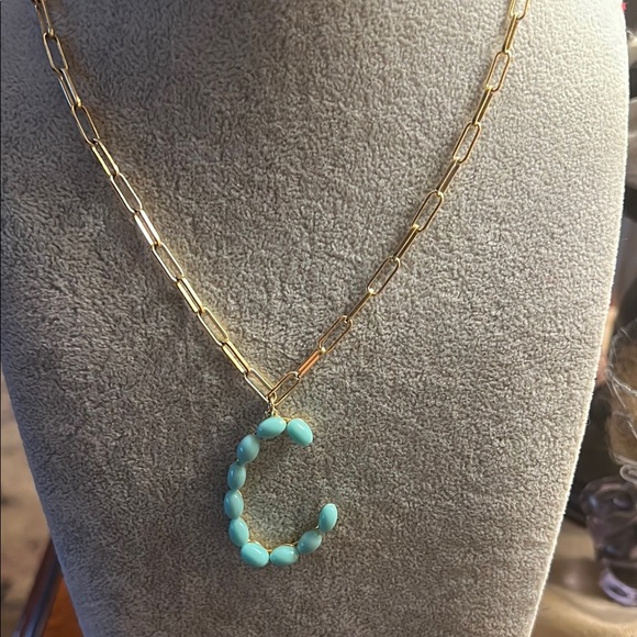 Jewelry - Gold Necklace with "C" Faux Turquoise Pendant